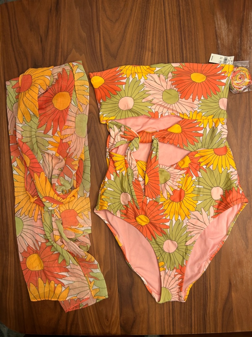 aerie Floral One-Piece Swimsuit with Sheer Sarong - Pink, Green & Yellow